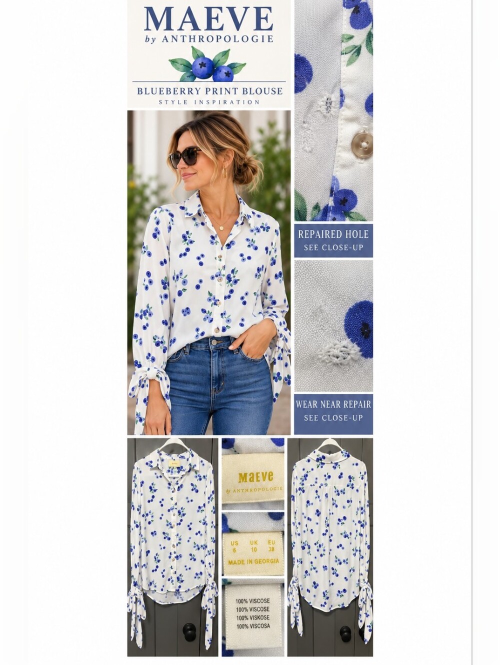 Maeve by Anthropologie Blueberry Print Tie Sleeve Blouse Size 6